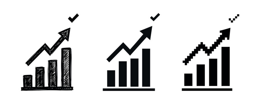 Set of three bar graph icons with upward arrows and checkmarks in different styles