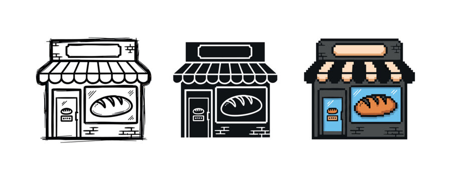 Three bakery shop illustrations with bread logo: sketch, outline, pixel art styles