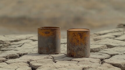 Naklejka premium Two aged rust stained metal canisters sitting on dry cracked ground with minimal contents visible