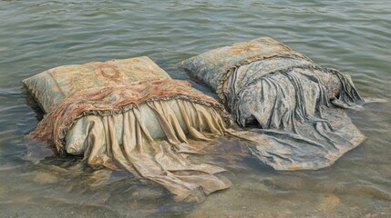 Waterlogged cushions and throws left outdoors soaking in the water
