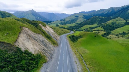 A winding road stretches through lush green hills and valleys, surrounded by mountains under a cloudy sky.
