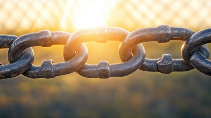 Weathered Metal Chain Links Interlocked and Shining in Sunlight