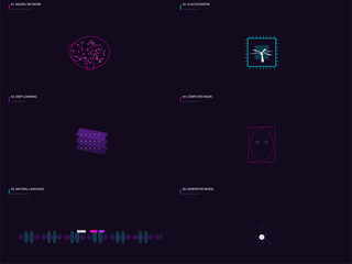 Artificial Intelligence and Neural Network Dark Mode UI Kit: Deep Learning Brain, AI Chip, Face ID & NLP Data