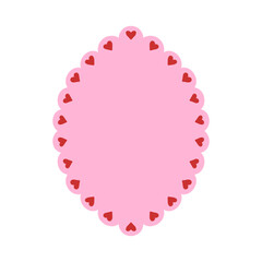 Pink oval scalloped frame with red hearts. Romantic border for Valentine's Day, wedding, or greeting cards. Cute decorative label for scrapbooking and design. Vector illustration