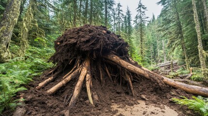 Uprooted tree with exposed roots and earth in a forest