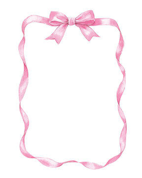Delicate watercolor pink ribbon frame with bow