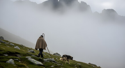 A shepherd in traditional clothing and his dog traverse a misty, mountainous terrain. The scene evokes a sense of solitude and ruggedness