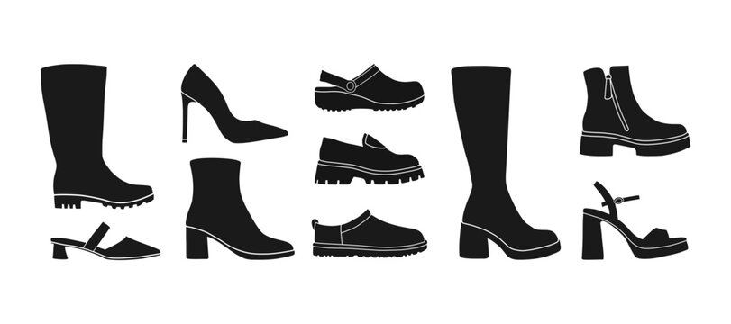 Trendy shoes for women isolated icon vector set. Boots, high heels, loafers, slippers and platform women's shoes silhouettes 