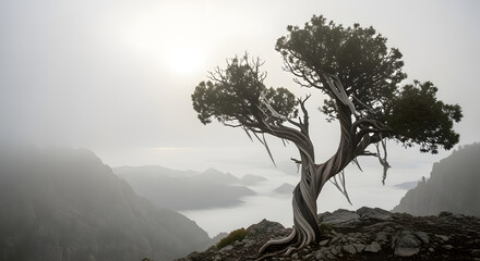 A solitary, gnarled tree stands perched atop a craggy mountain peak, shrouded in mist with the sun peeking through