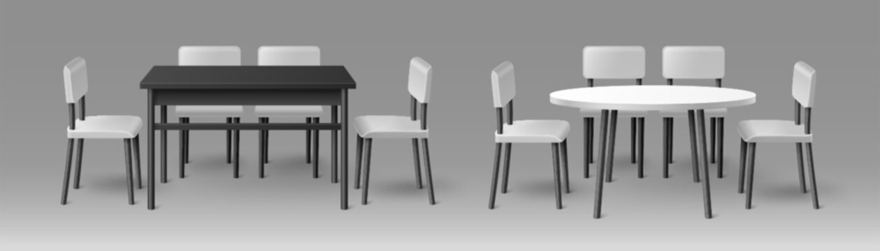 3D tables and chairs mockup isolated on background. Vector realistic illustration of simple furniture for exhibition booth, office conference room, home kitchen, dining area, interior design elements