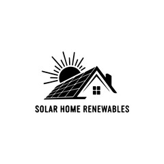 A logo featuring a house with solar panels on its roof, with a sun in the background, representing renewable energy solutions for homes.