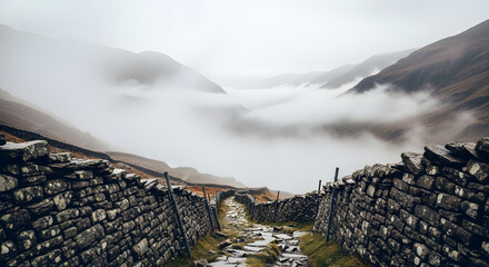 A stone path winds between weathered walls toward a misty mountain valley, shrouded in fog with rugged peaks in view
