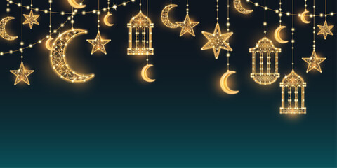 Eid Ramadan lights garland on dark blue background. Vector realistic illustration of golden crescent and star lanterns glowing in night darkness, golden lamp ornament for islamic religious poster © klyaksun