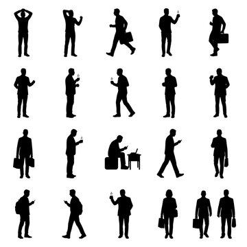 Set of silhouettes of people working in the office, going to work or a business meeting