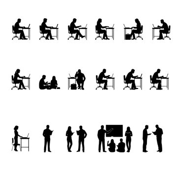 Set of silhouettes of people working at a desk, in the office, presenting their work or giving a presentation. Meetings in the office.