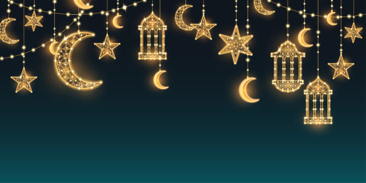 Eid Ramadan lights garland on dark blue background. Vector realistic illustration of golden crescent and star lanterns glowing in night darkness, golden lamp ornament for islamic religious poster