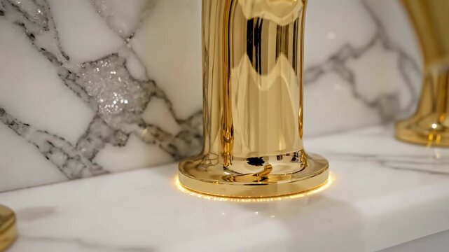 Highly detailed macro shot revealing the intricate white and gray veining of natural marble surrounding a gleaming golden faucet connection surrounding, sink, polished