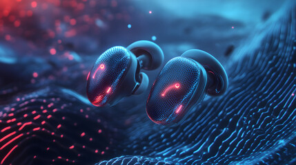 Futuristic wireless earbuds with glowing energy waves create dynamic and immersive atmosphere. vibrant colors and sleek design highlight advanced technology and innovation