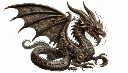 Fototapeta premium Highly detailed steampunk mechanical dragon illustration made of gears and metal parts. Fantasy creature isolated on white background, perfect for advertising, posters, games, covers, design projects.