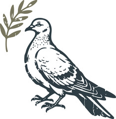 Vector illustration of a peaceful black dove silhouette perched on a tree branch as a nature art design element featuring a wild bird wing and beak