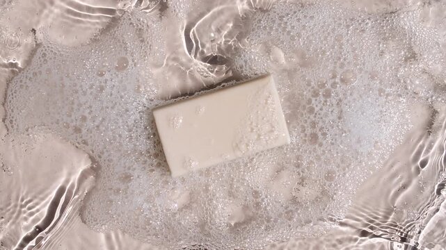 A bar of soap on a water surface with bubbles of white soapy foam. Concept of bath products, skin care products advertisement spa cosmetics. Body care and relaxation. High quality 4k footage