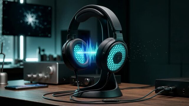 Headphones rest on a sleek stand with illuminated ear drivers and a floating audio waveform suggesting sound visualization. They sit on a wooden desk amid audio gear and ambient studio lighting for te