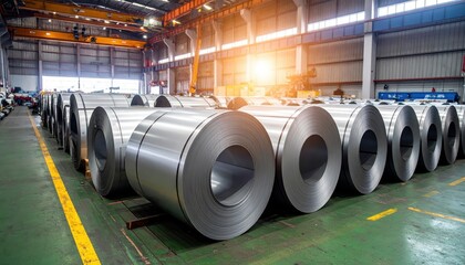 Rows of large steel rolls in an industrial warehouse, showcasing manufacturing and production in a factory environment.