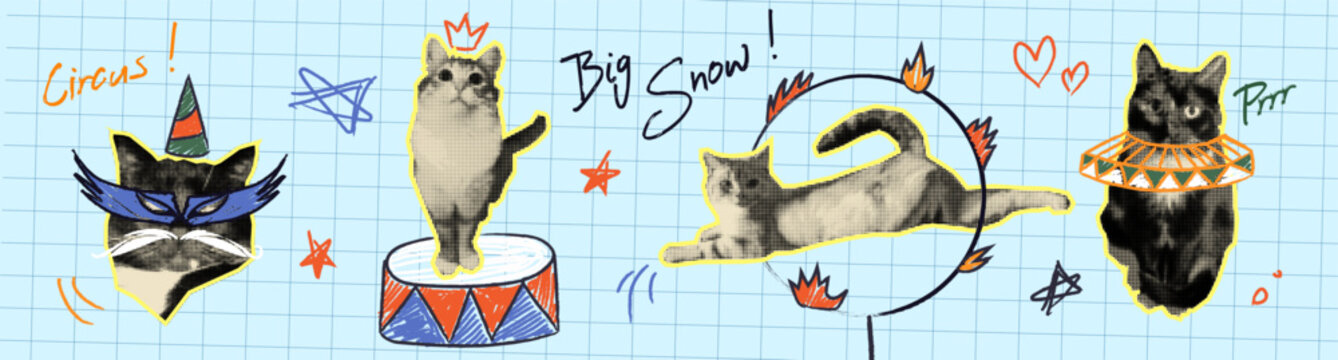 Halftone doodle circus cats on grid bg. Vector realistic illustration of funny pet memes, cute kittens playing with hand drawn jabot collar and mask, color podium, jumping through a ring, stickers set