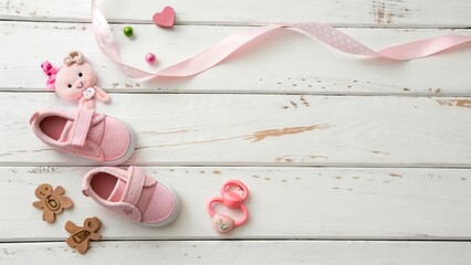 Pink Baby Essentials Flat Lay on White Wooden Background - 3