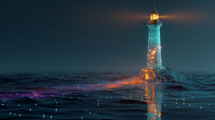 Wireframe lighthouse glows with orange light atop a stylized ocean of data nodes and lines. Symbol for guidance, digital navigation, and connectivity in a futuristic virtual communication landscape