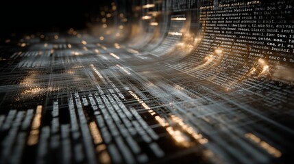 Glowing points and curved grid surface stream encrypted data with columns of numbered code lines. Abstract programming environment of information processing, cybersecurity, and data transmission