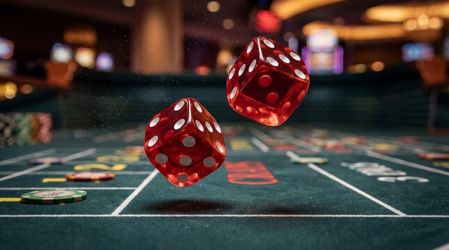 Casino dice frozen mid air over dark table close up action shot