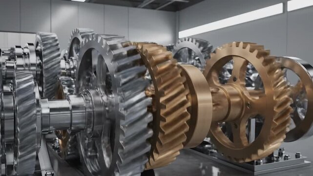 Highly detailed metallic gears smoothly interlocking and synchronizing rotation in a clean, industrial environment demonstrating mechanical business process power, cooperation, industrial environment