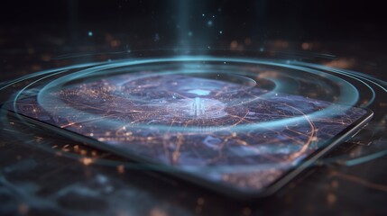 Digital tablet displays an illuminated city map with glowing rings and nodes. Highlights cover urban connectivity and real-time analytics. Supports smart infrastructure and location-based intelligence