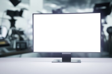 Flat-screen monitor with white display sits in a media studio surrounded by blurred video equipment and lighting. Setup reflects digital content creation and broadcasting plus tech media workflows.