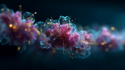 Stylized pink blossoms with glowing filaments and translucent bubbles represent organic data flow. The composition merges nature-inspired design with innovation. Features intelligent systems