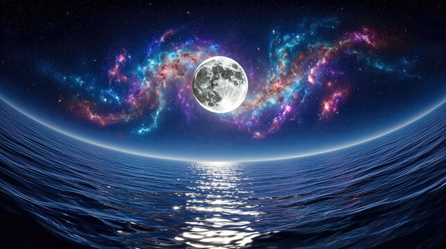 Surreal Fisheye Seascape with Silver Full Moon, Vibrant Nebula Galaxy, Shimmering Ocean Surface and Star-Strewn Indigo Sky - Dreamlike Cosmic Wonder