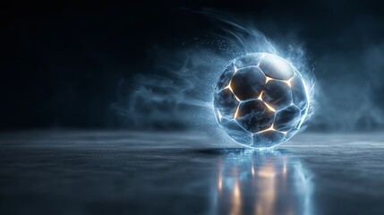 Digitally rendered soccer ball with illuminated seams and a mist trail moves across a reflective surface. Visualization merges sports technology with tracking and represents dynamic branding energy.