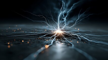 Bright electrical burst radiates glowing filaments and particles from a central node. Conceptual illustration shows neural activity, energy flow, and intelligent systems in digital domains.