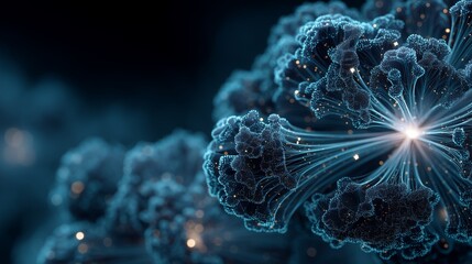 Intricate filaments and clustered points radiate from a central core resembling synaptic connectivity. Visualization represents artificial intelligence, deep learning, and complex data systems.