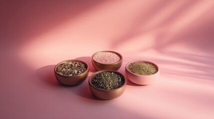 Four Bowls Of Assorted Seeds Against Pink Background