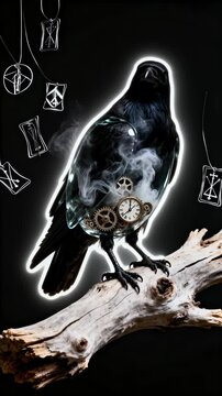 Raven perches on weathered driftwood against a deep black backdrop. Metallic clockwork gears and a pocket watch are integrated into its torso. Hanging tarot-like cards surround the bird, adding a myst