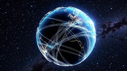 Illuminated earth with vibrant network lines visualizing global connectivity against a starry space backdrop. emphasizing communication, technology, and international connections, ideal for digital an