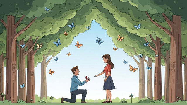 Man proposing to woman with engagement ring in a magical forest clearing surrounded by butterflies romantic proposal scene illustration for love and relationship concepts