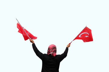 a woman holding a Turkish flag