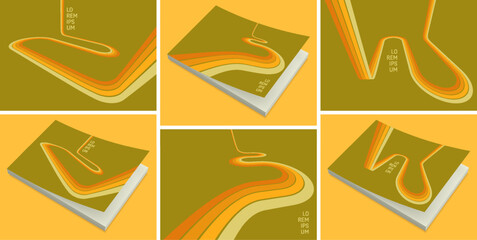 A retro 1970s-style background. Colorful lines. Abstract, dynamic curved ribbons. Softcover book layout. Cover design template. Vector illustration for brochure, planner, notebook or notepad.