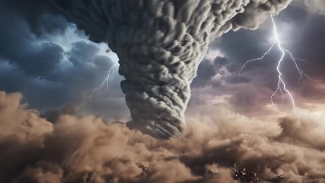 Highly detailed slow motion close-up of a powerful gray tornado churning up dust and debris against a stormy sky background vortex motion, gray tornado, slow motion