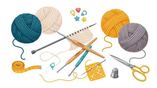 Crafting yarn with knitting needles and scissors on a white background