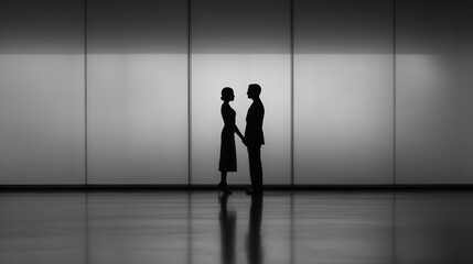 Silhouette couple holding hands in minimalist interior with soft light and shadows, ai generated