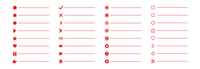 Bullet point icon vector set with arrows check marks circles stars and UI elements for web and mobile lists and menus on transparent background